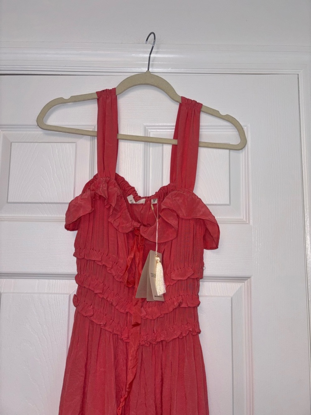 DÔEN Carolynn Dress Coral Rose NWT Medium Romantic Ruffle Midi Dress - Picture 13 of 16